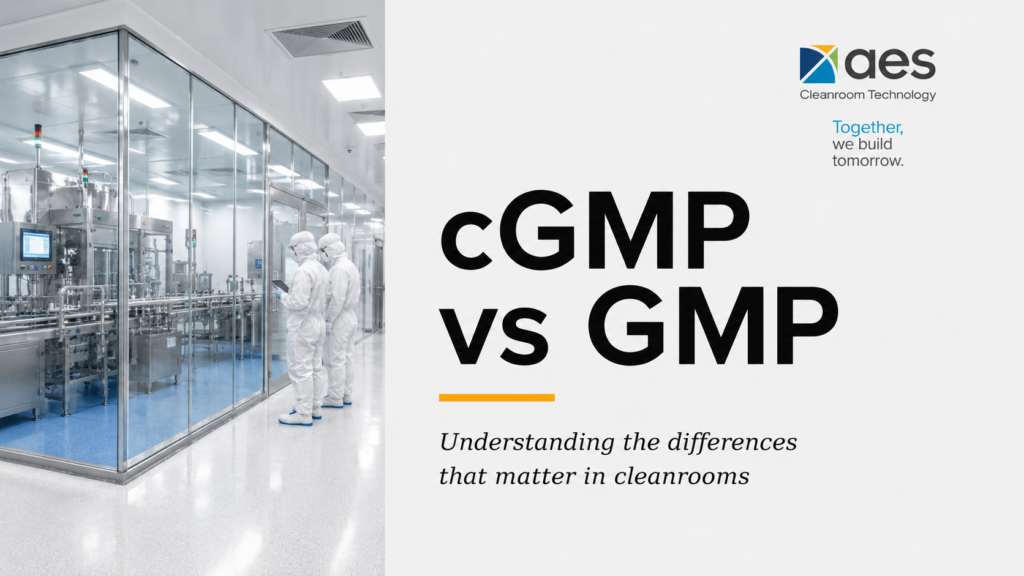 AES Cleanroom Technology thumbnail showing cGMP vs GMP in cleanrooms with cleanroom technicians, modular cleanroom environment, and branded blog title graphic.