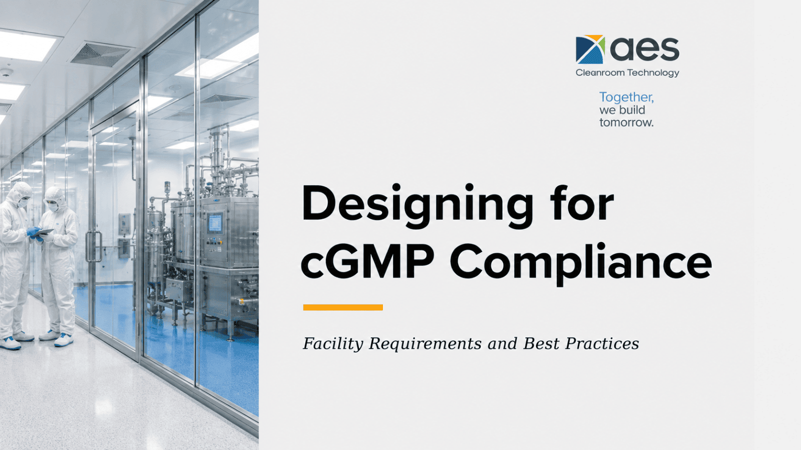 AES Cleanroom Technology branded thumbnail for designing cGMP compliance, showing cleanroom technicians reviewing facility requirements in a modern cGMP cleanroom environment.