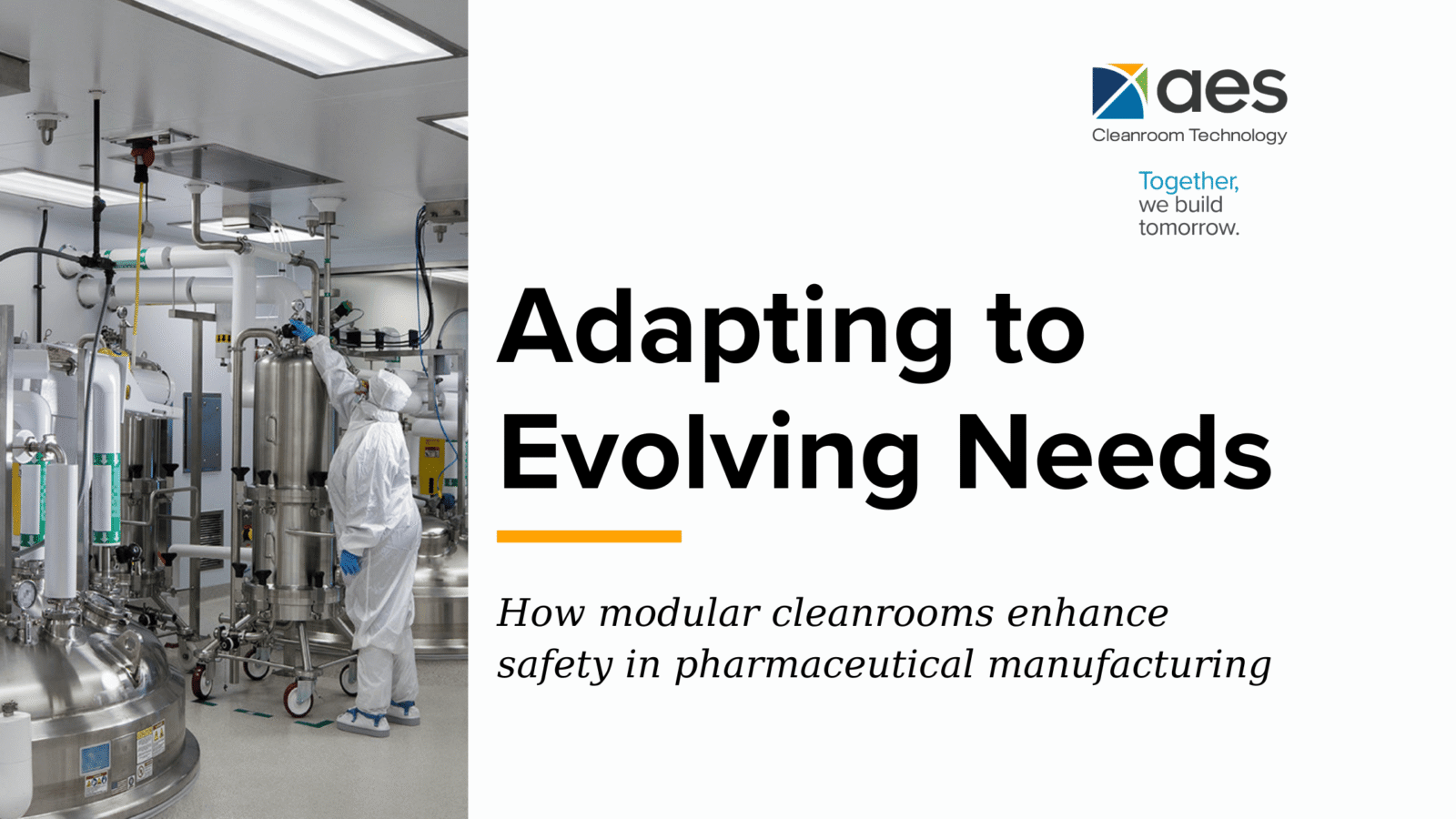 Worker in pharmaceutical manufacturing cleanroom highlighting modular cleanroom safety, containment and compliance solutions from AES Clean Technology