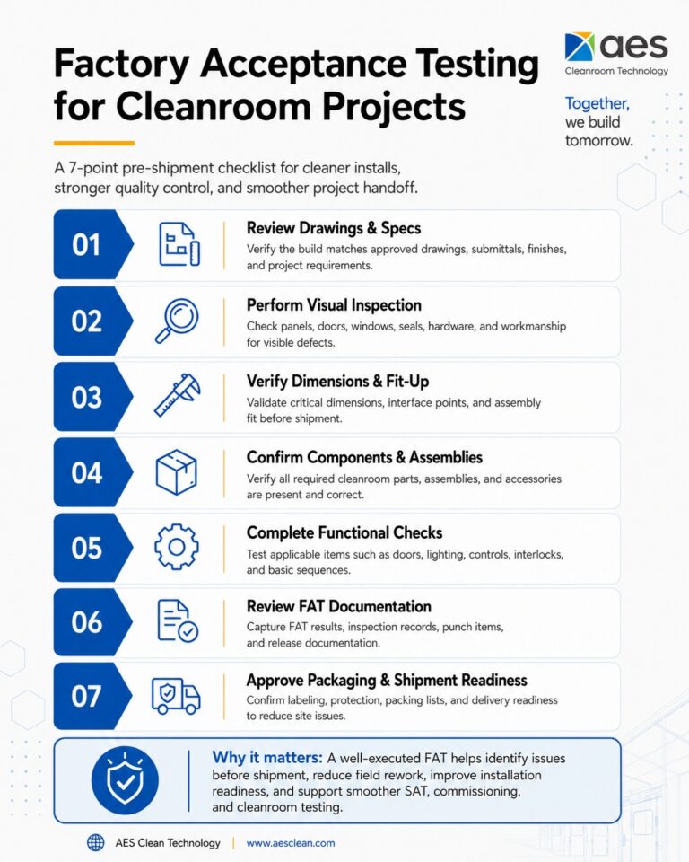 Factory Acceptance Testing FAT checklist infographic for cleanroom projects showing pre-shipment quality control steps for drawings, inspections, fit-up, components, documentation, packaging, and cleanroom testing.