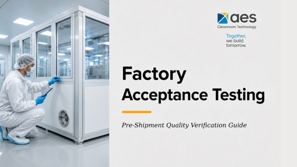 Factory Acceptance Testing cleanroom thumbnail showing technician inspecting modular cleanroom panels for pre-shipment quality verification and FAT testing.
