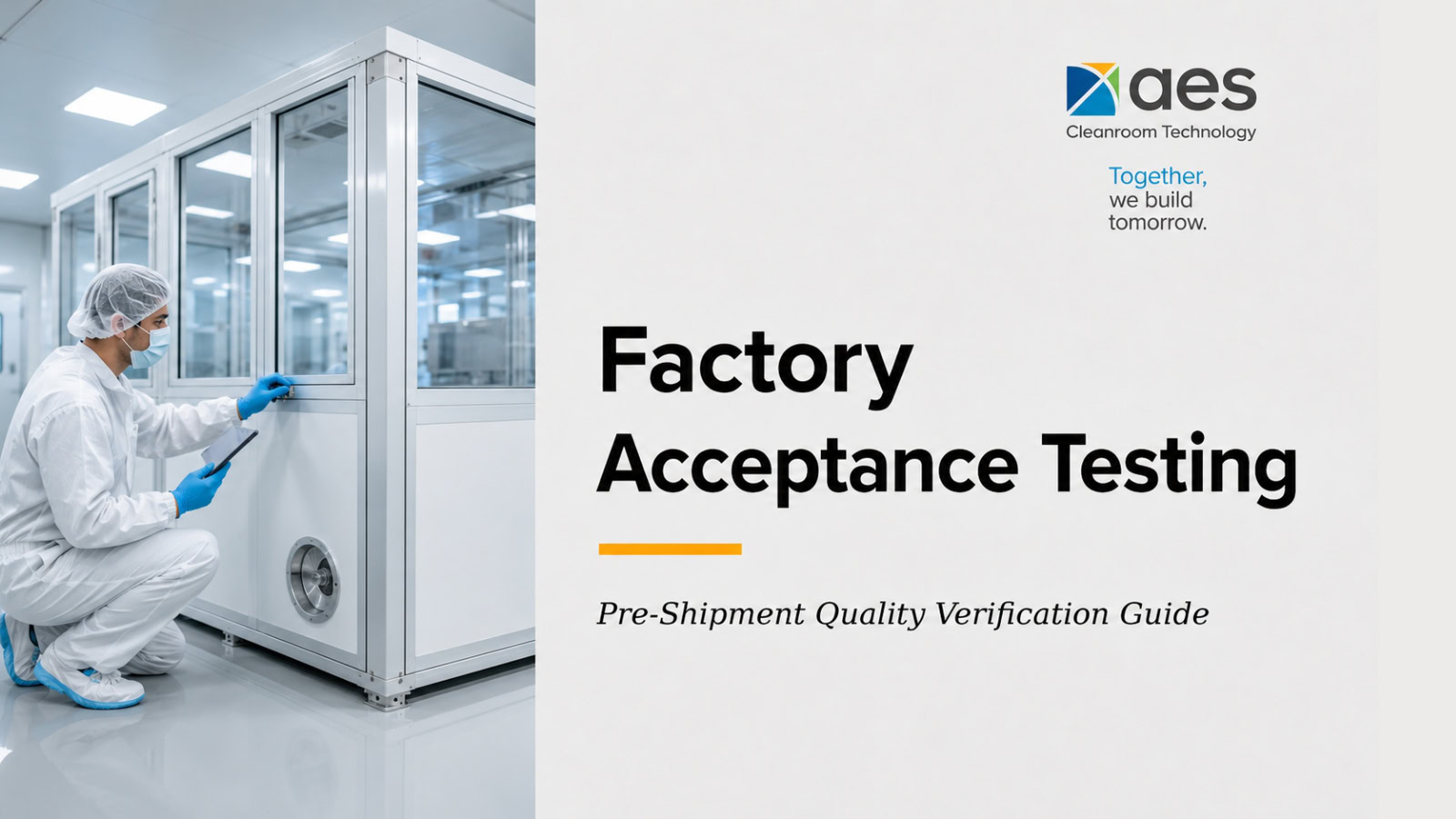 Factory Acceptance Testing cleanroom thumbnail showing technician inspecting modular cleanroom panels for pre-shipment quality verification and FAT testing.