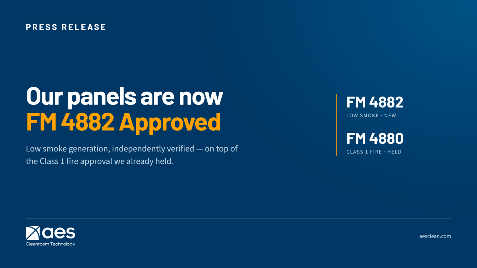 AES Cleanroom Technology modular cleanroom panels earn FM 4882 low-smoke approval and FM 4880 Class 1 fire approval